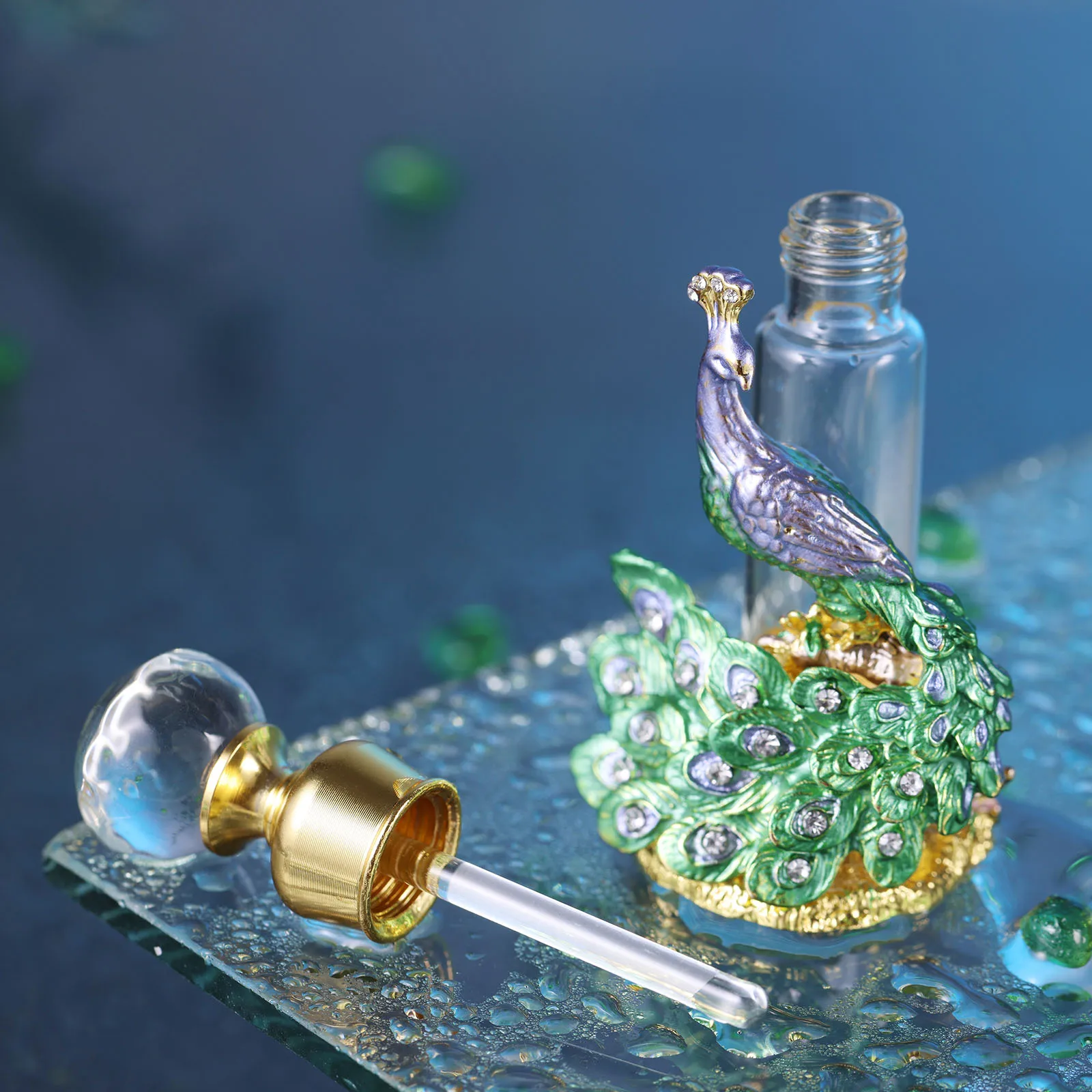 7ml 3D Peacock Mini Empty Perfume Bottle Metal Enamel Green&Gold Sculpture Diamond Cap Clear Tube Dripper Gift Box Beauty Jar