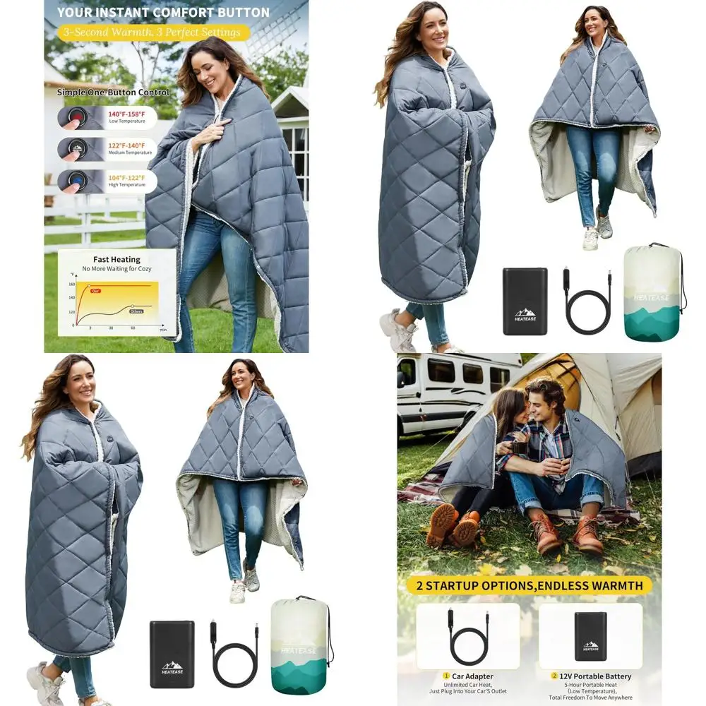 

Portable 12V Heated Shawl Poncho, 3 Modes, Outdoor Blanket Throw for Camping, Travel, Picnics, Car, 50x70