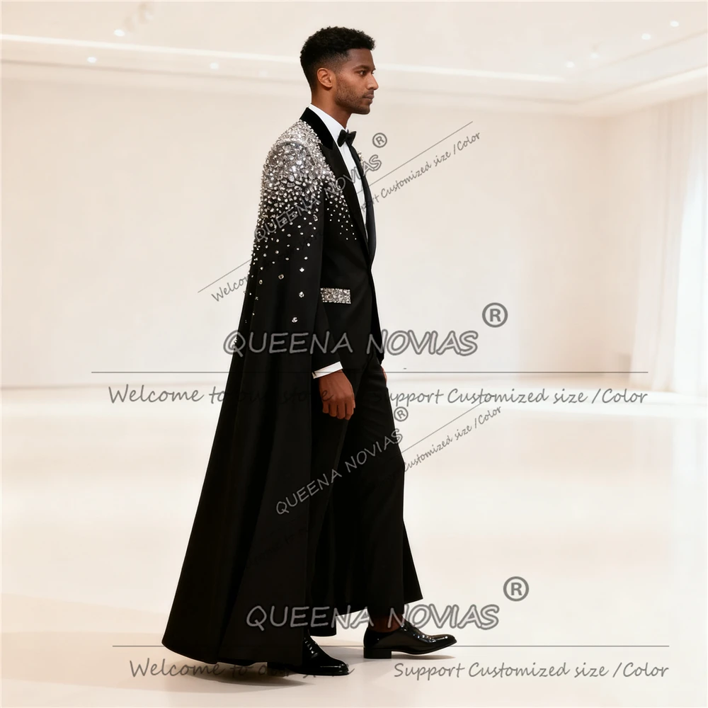 Exquisiter Hochzeits-Smoking-Anzug mit Perlenkristallen, 2-teiliges Set, einreihiger Blazer mit Umhang, lang, maßgeschneidert
