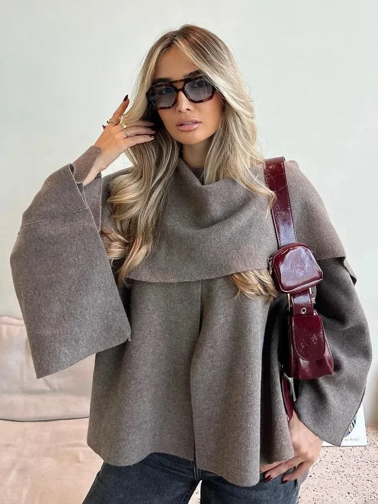Dark Gray Irregular Asymmetric Knit Pullover Draped Shawl Collar Wide Flare Sleeve Loose Soft Coat Women Winter Outerwear