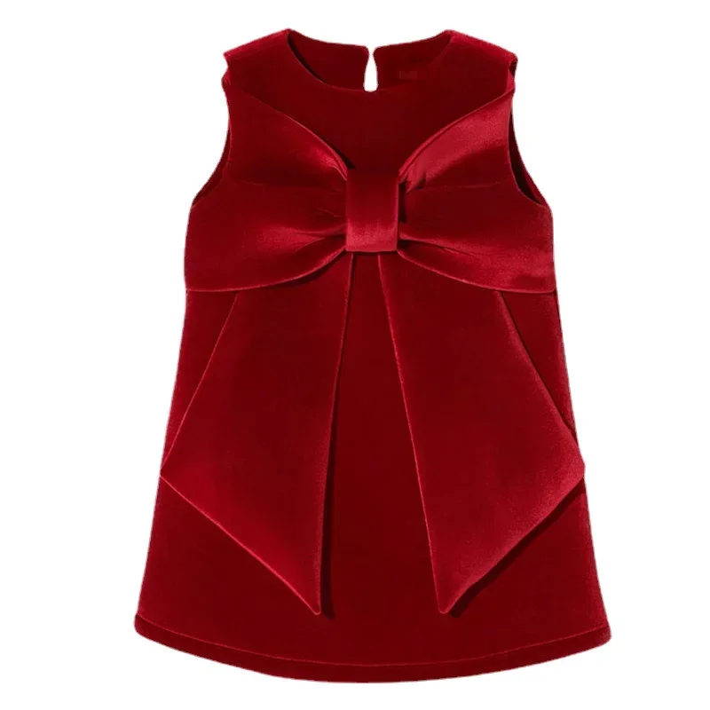 Vestido de fiesta rojo de Navidad para niñas, chaleco con lazo grande, pana, felicitación de Año Nuevo, 1-6T