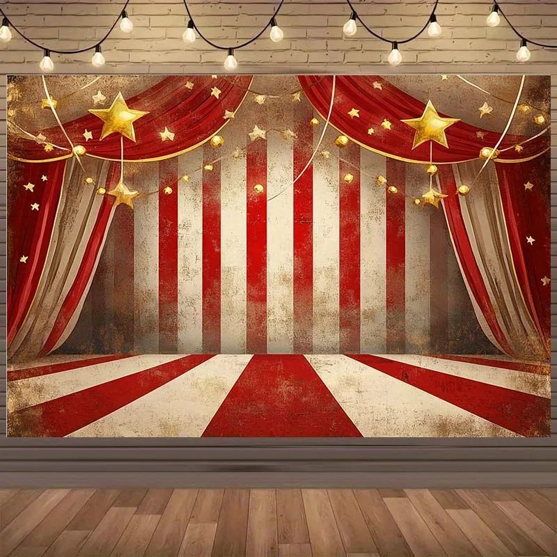 1 piece of retro circus themed background with red and white stripes, stars, and lights - suitable for celebration events