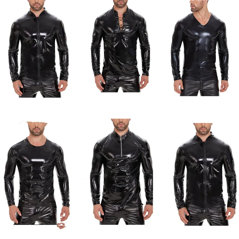 Männer Glänzende Patent Leder T-Shirts Tops Punk Stil Lange Ärmel Slim Fit Bluse Männlich Muskel Enge Sexy Tops Club Casual Weste