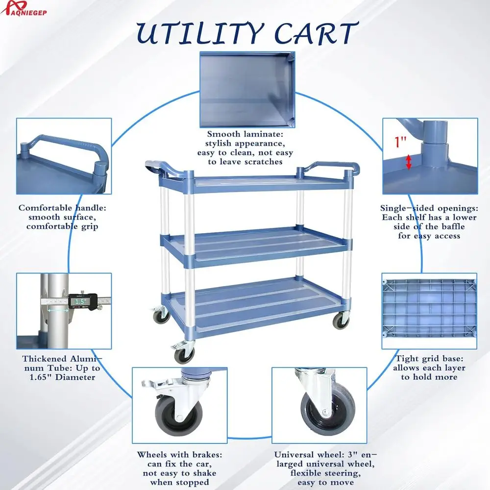 Robuster 510 lbs 3-stufiger Küchenwagen mit feststellbaren Rädern für Restaurant, Büro, Grau