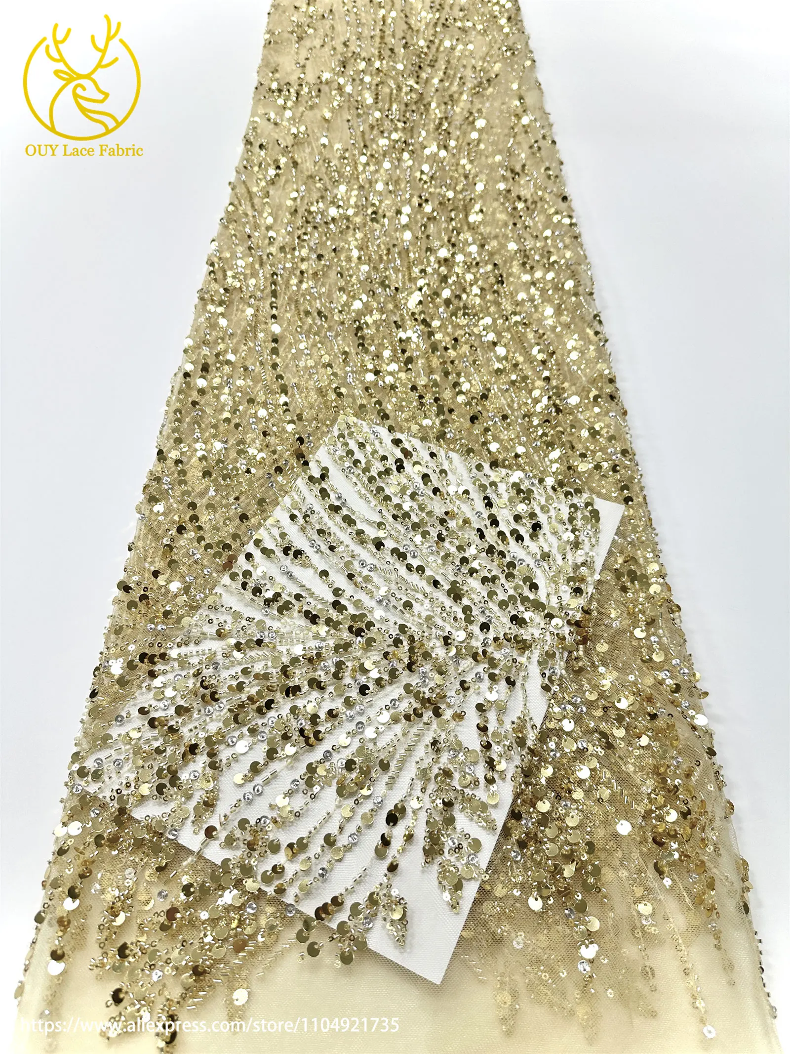 Goldene Afrikanische Pailletten-Perlen-Spitze für Bräutigamkleid 2026 Luxuriöse Französische Nigerianische Bestickte Tüllspitze für Partykleider – Detail 14