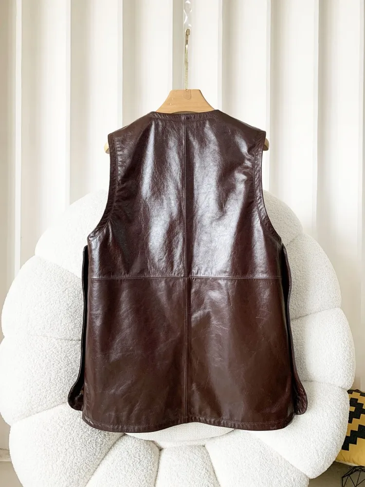 Concise Ladies Pockets Solid Color Genuine Leather Dress High Quality Round Neck Sleeveless Fashion Oil Wax Cowhide Dresses