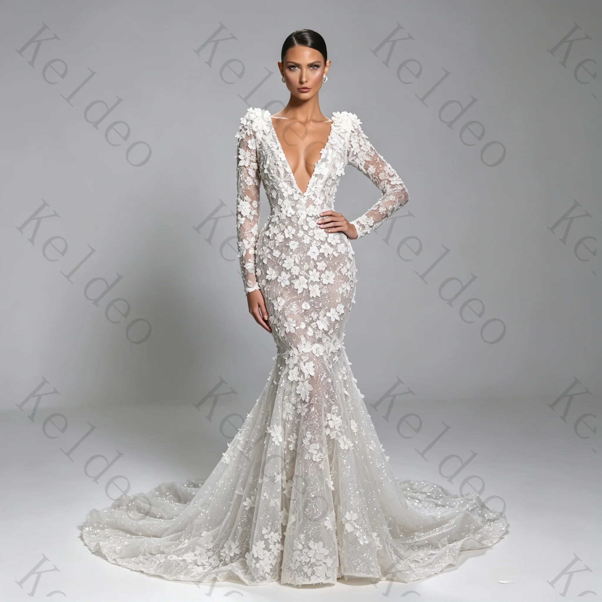 Customized Elegant Deep V Neck Mermaid Long Sleeves Wedding Dresses sexy beading 3D Flowers Appliques Floor-Length Bridal Gowns