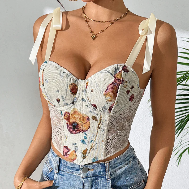 Flower Printed Lace Up Crop Tops Corset Sexy Sleeveless Backless Halter Corsets Women Slim Camisole Vest Fashion Tank Top Summer