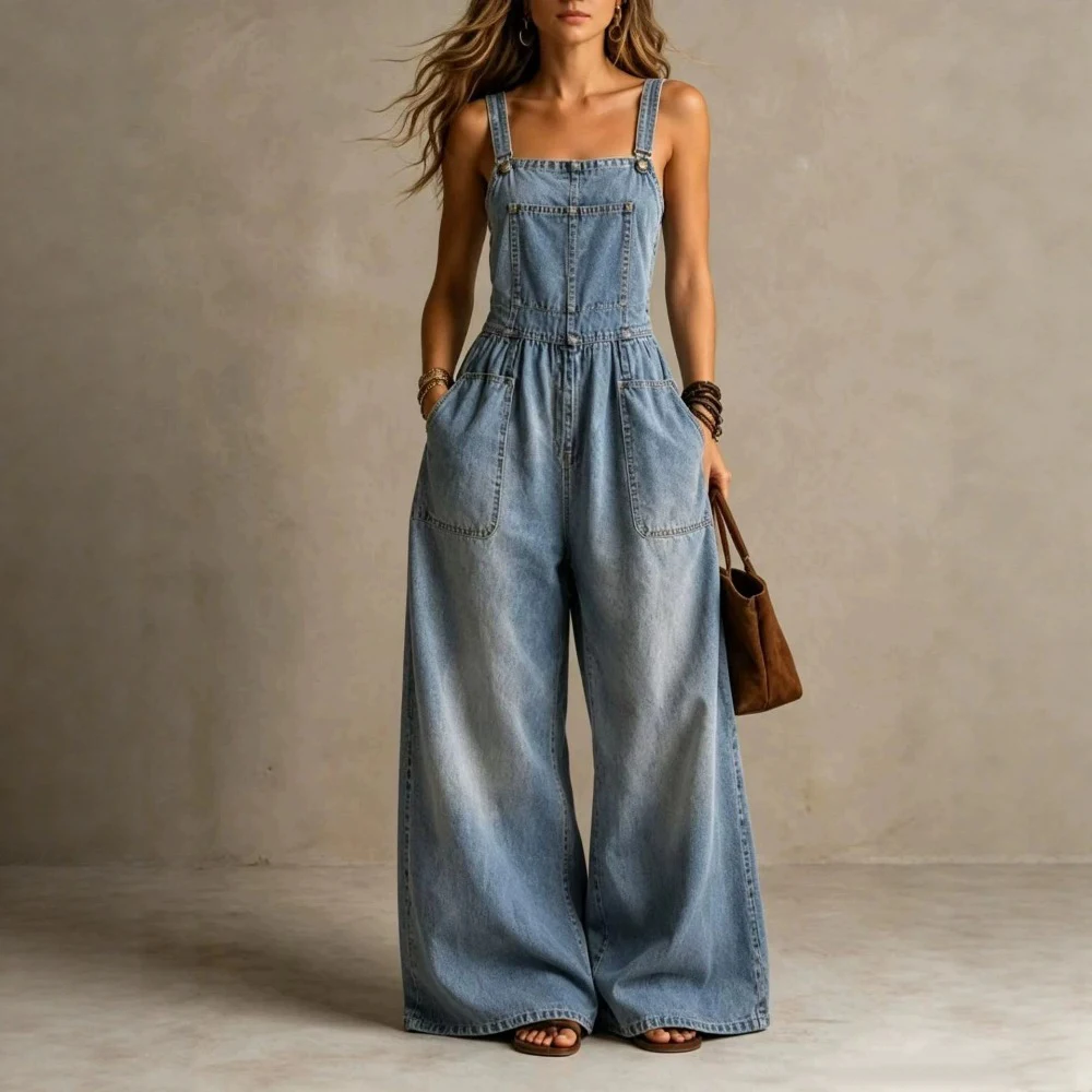 Women Adjustable Strap Sleeveless Denim Overalls Big Pocket Loose Wide Leg Jumpsuit Retro Casual Outfit for Street Style Fashion