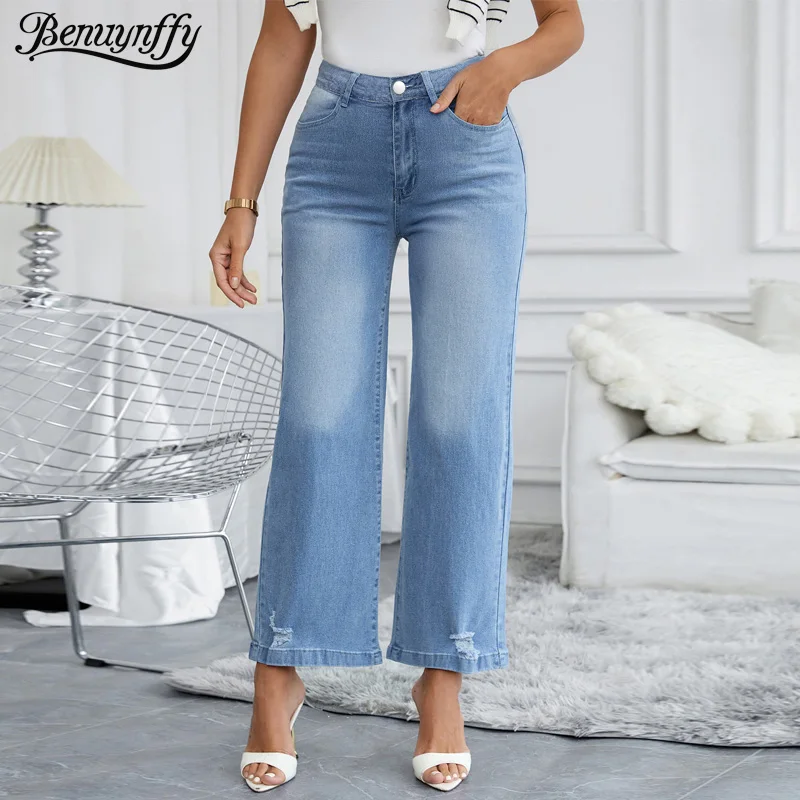 

Benuynffy Vintage Mid Waisted Loose Wide Leg Jeans Streetwear New Women's Casual All Match High Elasticity Ripped Denim Pants