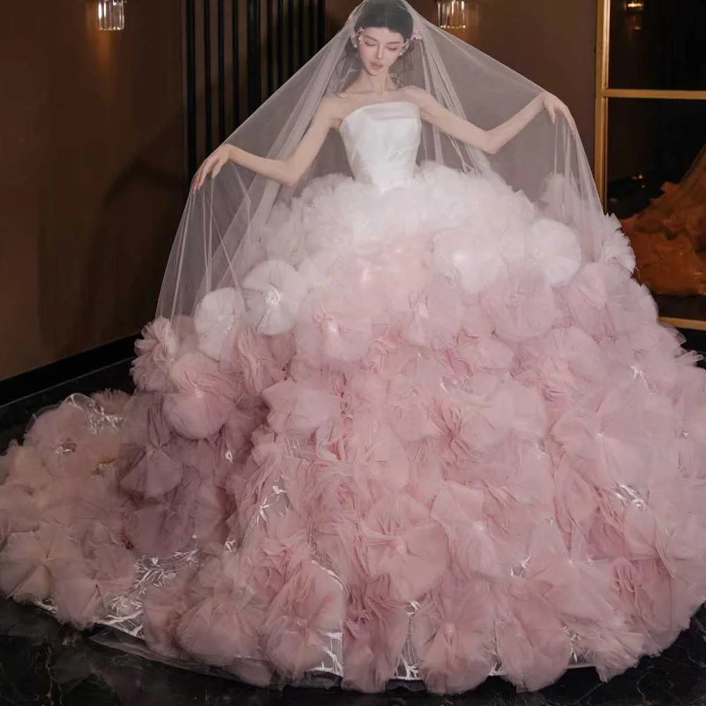 Luxury Strapless 3D Flower Ball Gown Pink Wedding Dress Sleeveless Customized Robe De Mariage Civil