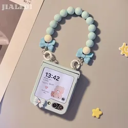 Cute Bow Beads Bracelet Hinge Phone Case for Samsung Galaxy Z Flip 6 5 4 3 Flip6 Zflip5 Cover