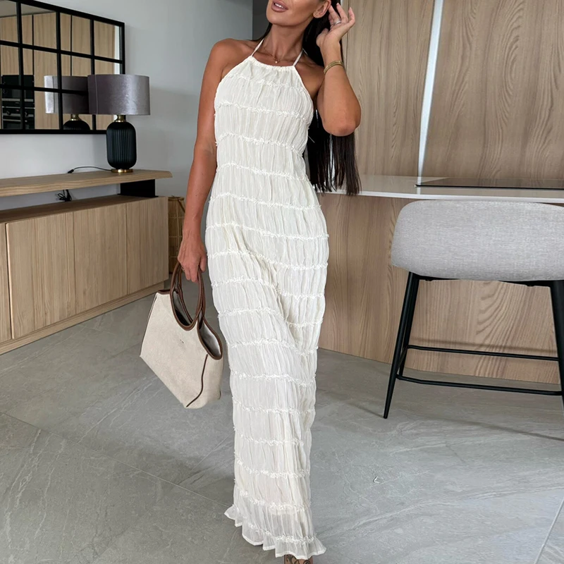 女性ハイウエスト背中の開いたビーチドレスセクシーなサスペンダーノースリーブロングスリングドレスファッションソリッドカラーフリルスリムパーティードレス