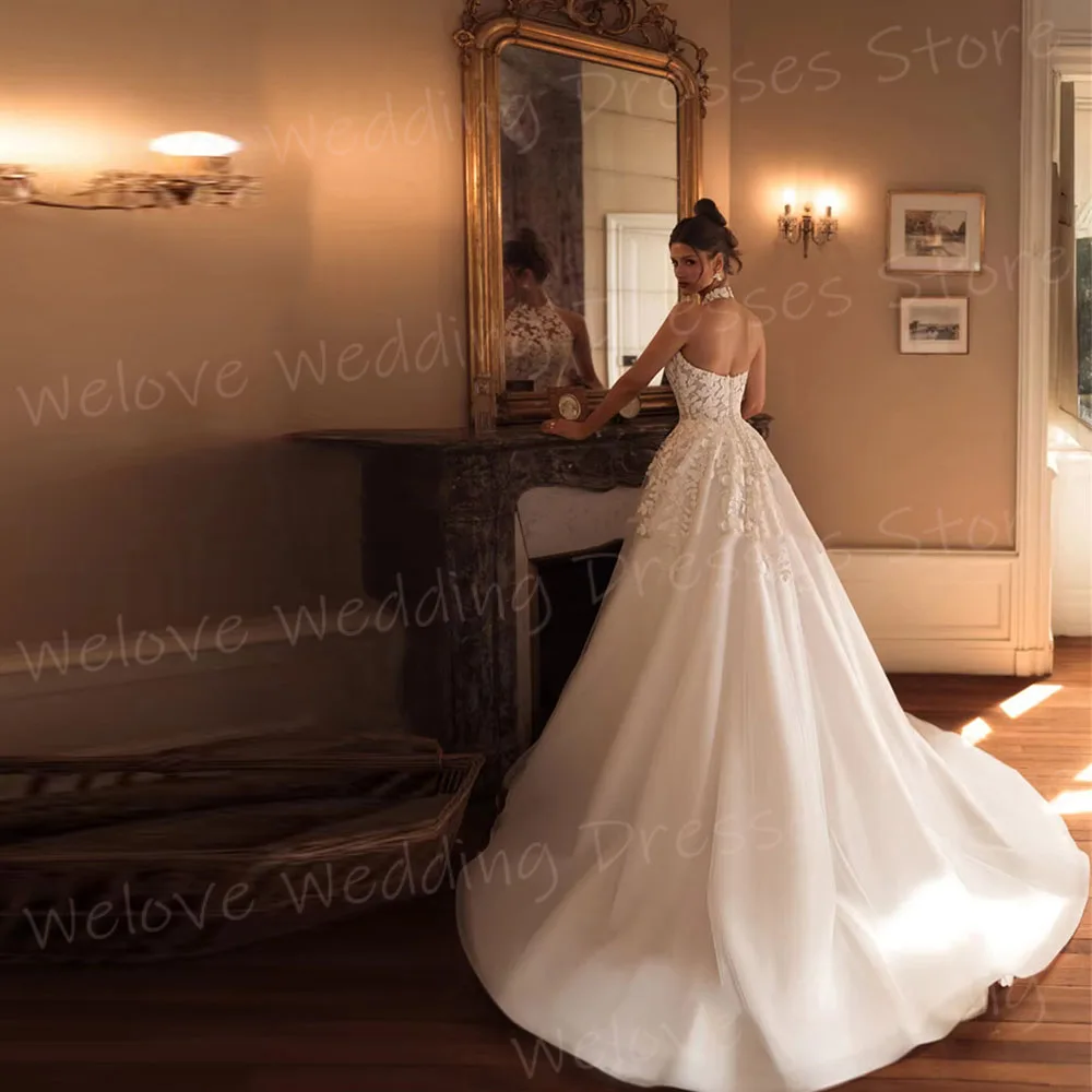 Sexy A-Linie Damen Spitze Applikationen Neckholder Brautkleider Robe De Mariée Maßgeschneiderte Brautkleider Rückenfrei Vestido De Novia