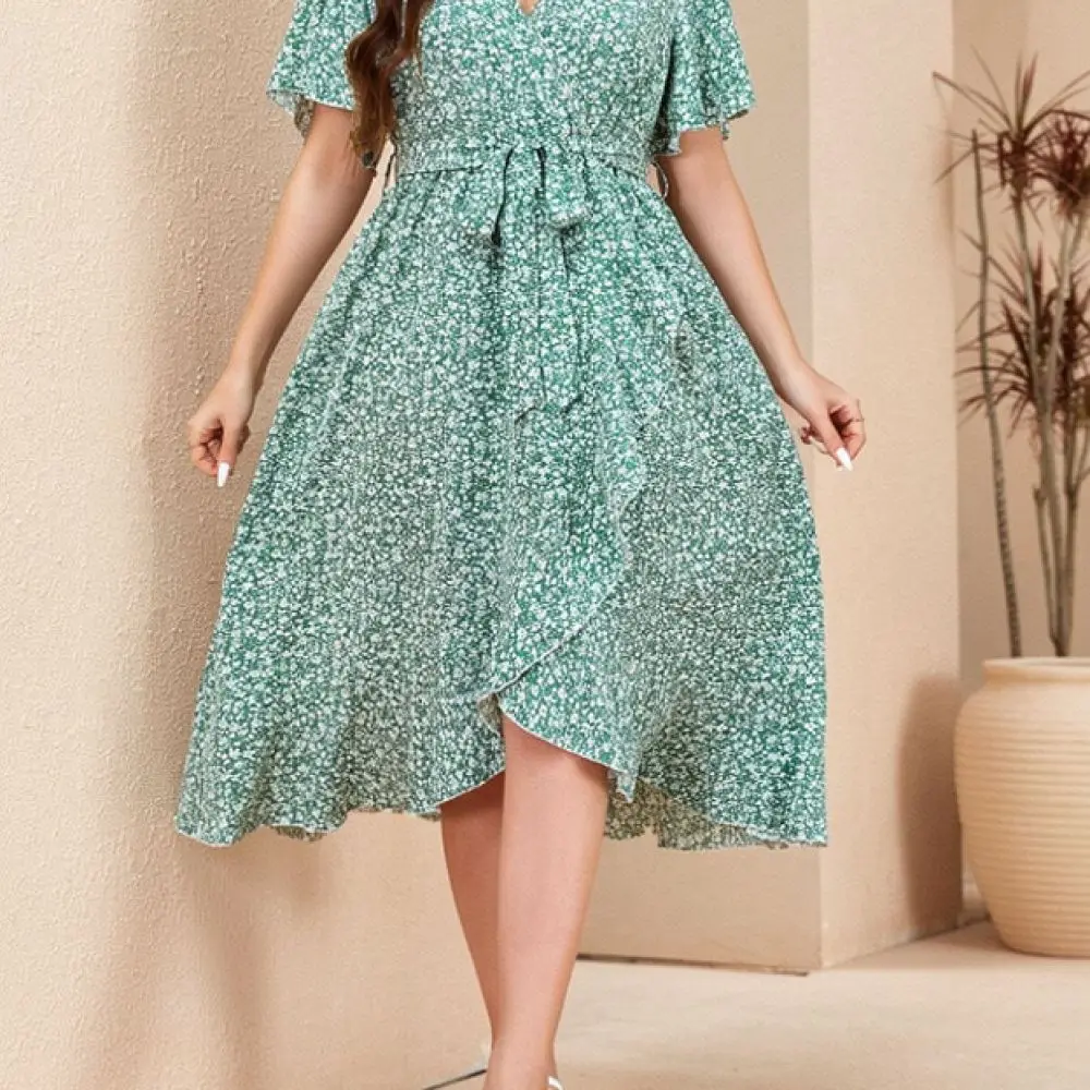Women Summer Boho Midi Dress Plus Size V Neck Half Sleeve Floral Print Irregular Ruffle Hem Elegant Beach Sundress