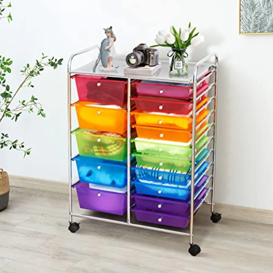 

Rolling Cart with 15 Drawers Clear Plastic Drawer Organizer w/Lockable Wheels Removable and 2-Sized Storage Drawers Art Cart fo