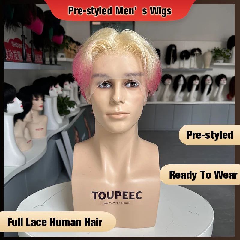 Pre-styled Men Full Lace Human Hair Wig Ombre Blonde 613 Hot Pink Short Hairstyle For Remy Human Hair Fashion Men Wigs