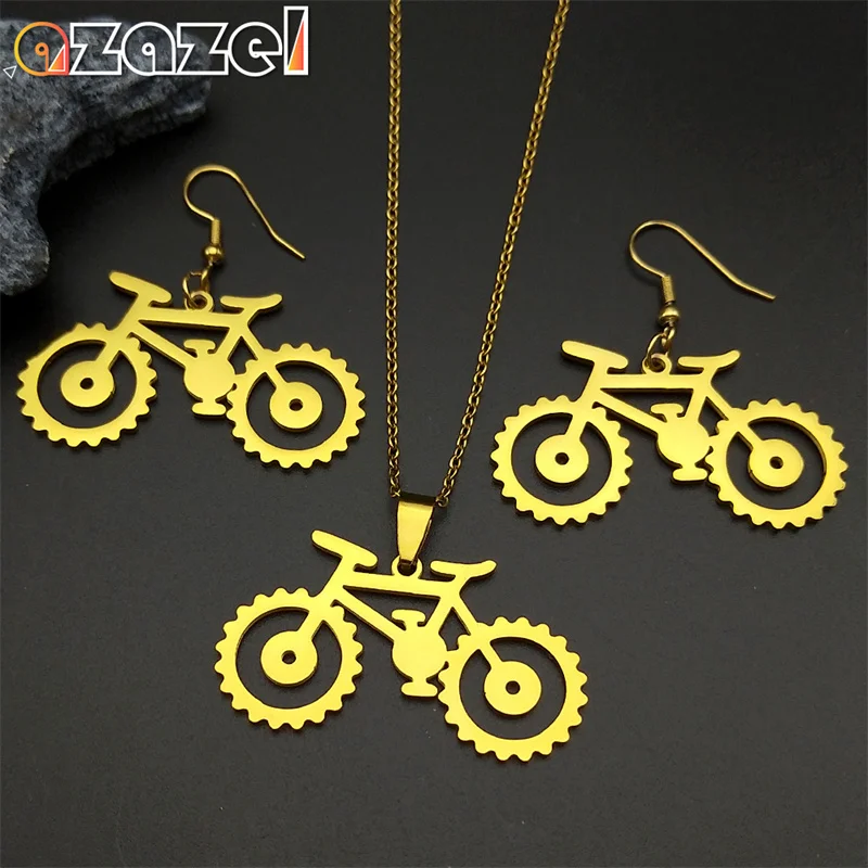 Trendy Gear Bike Pendant Jewelry Set For Women Men Stainless Steel Gold Color Male Geometric Bicycle Cycling Necklace Gift