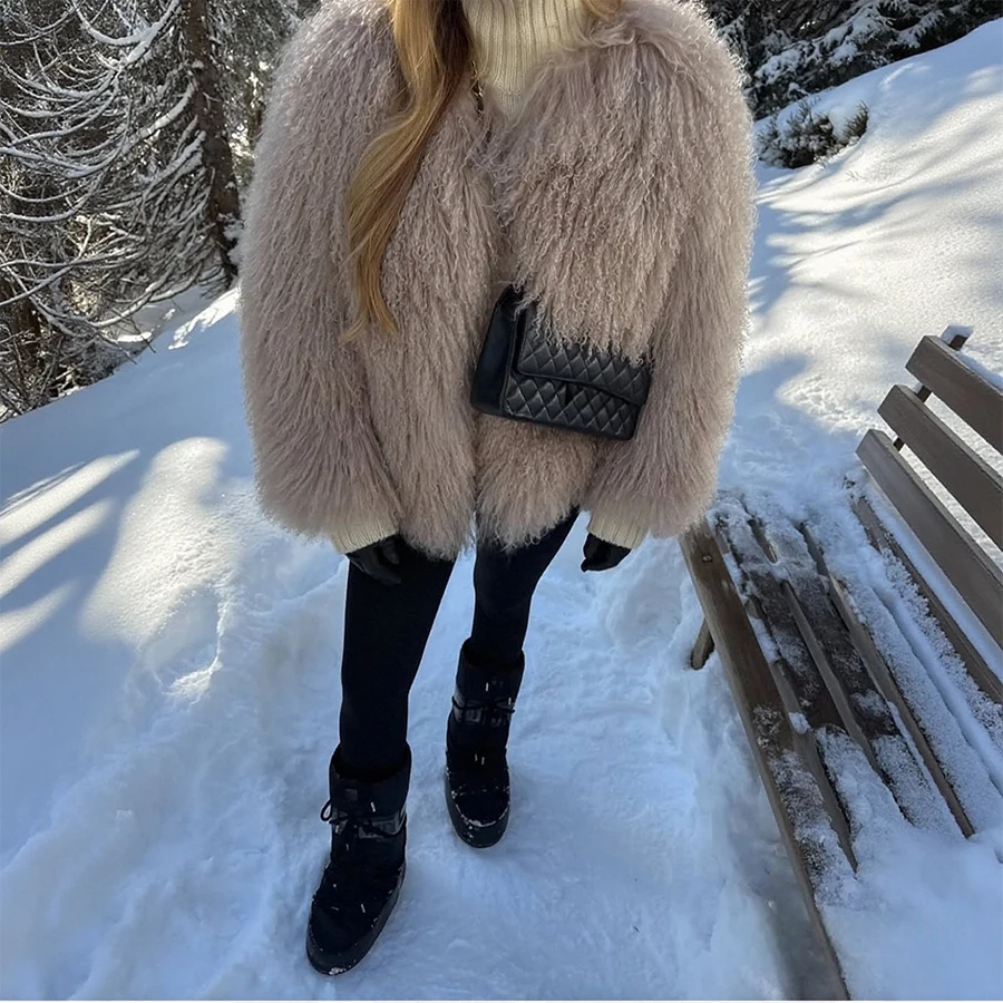 Collarless ทิเบต Lamb FUR Coat ของแท้แกะเสื้อขนสัตว์ธรรมชาติ Sheepskin Coat สินค้าใหม่หรูหราผู้หญิงเสื้อผ้า