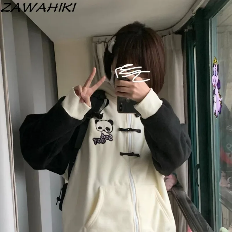 

ZAWAHIKI Sweatshirt Hoodie Letter Cartoon Embroidery Fall Winter Japanese Sweet Chic Designed Patchwork Contrast Color Outwear