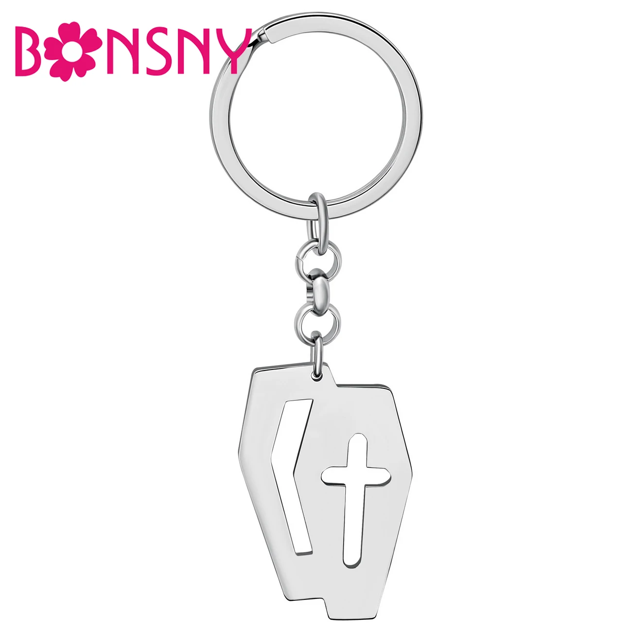 Bonsny Halloween Stainless Steel Silver-plated Cross Tombstone Keychains Keyring Unique Charms Jewelry For Women Gifts