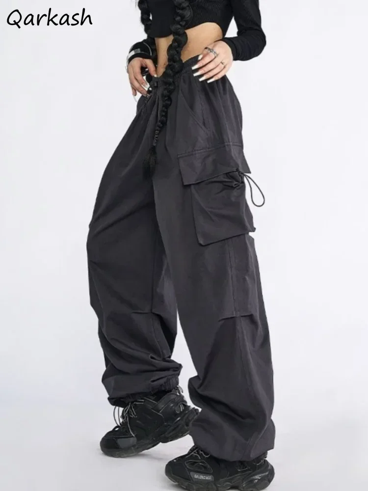 

Solid Casual Cargo Pants Women Summer Cool Students Pockets High Waist Straight Wide Leg Baggy Cozy Slender Ulzzang Street Daily