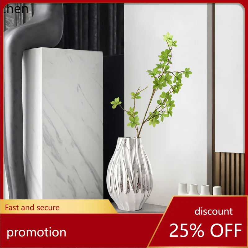 

HT Simple Modern Vase Ornament Model Room Sales Office Hotel Living Room Flower Holder Electroplated Flower Arrangement