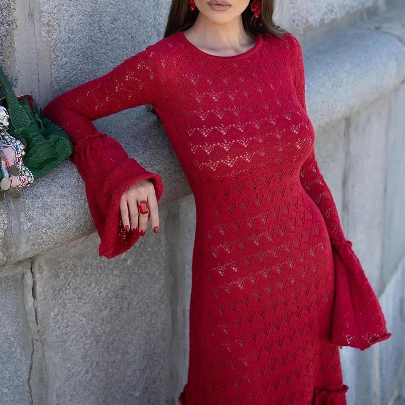 Elegante O-hals Ruche Herfst Jurken Rode Jacquard Gehaakte Slanke Lange Gewaad Jurk Uitlopende Mouwen Hoge Taille Wrap Hip Damesjurk