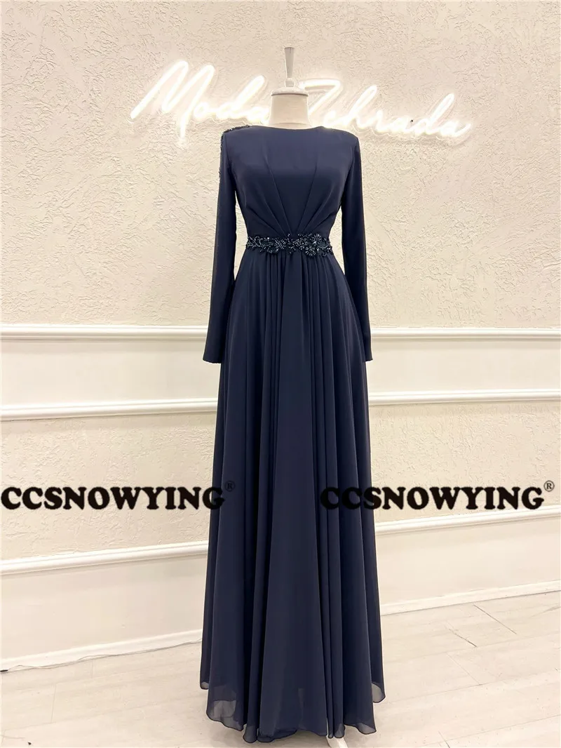 Chiffon Appliques Muslim Evening Dresses Long Sleeve A Line Islamic Formal Party Gown Women Hijab Arabic Kaftan Robes De Soirée