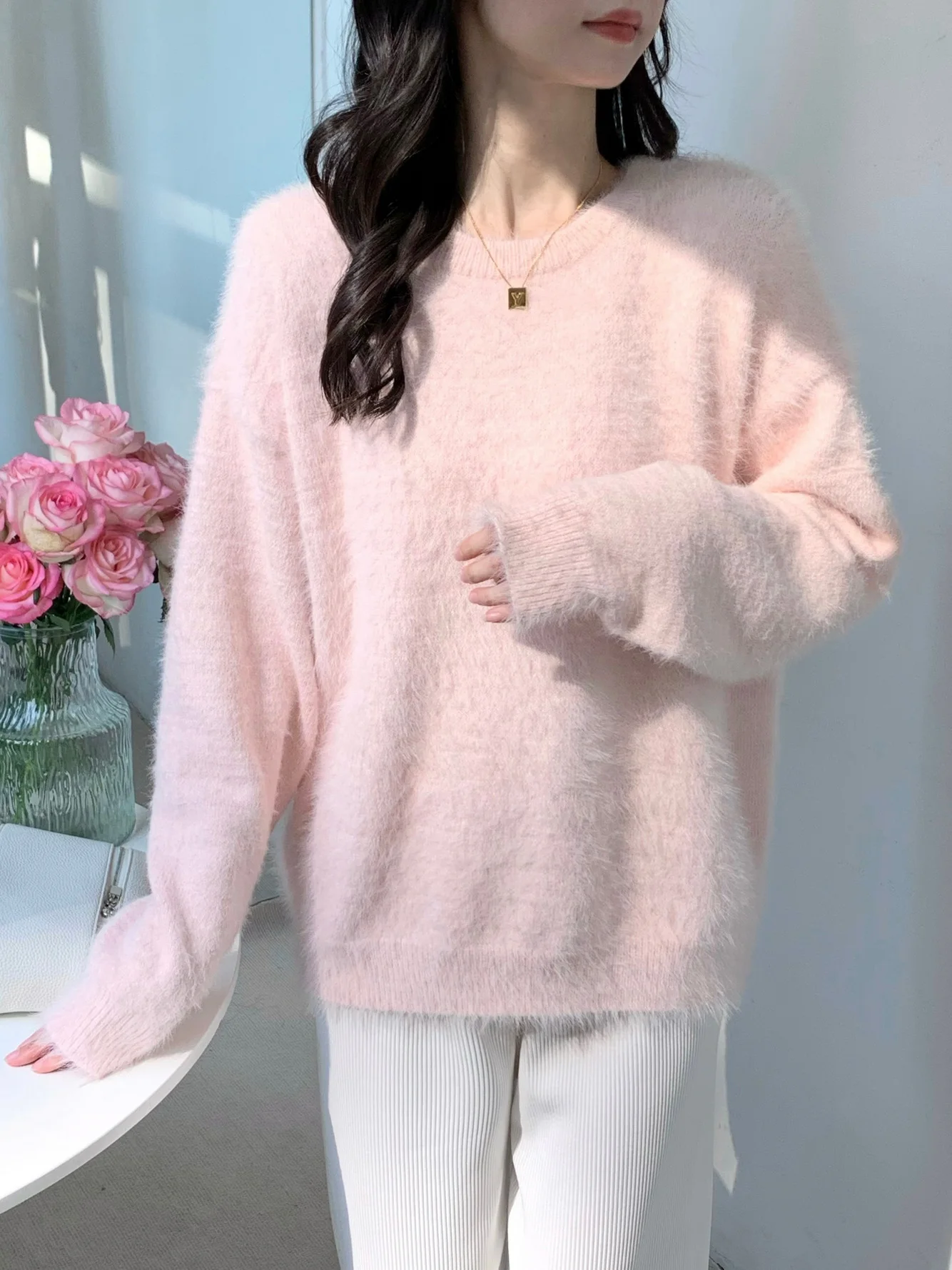 

Soft Cozy round Ne Mink Sweater Women's Loose Knitted Winter New Sle Gentle Wind Thiened Long Sve Top for Autumn Winter