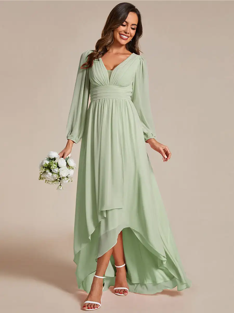 

Elegant Evening Dresses V-neck Long Sleeves Hide zipper Floor Length 2025 Ever Pretty of Chiffon Mint Green Bridesmaid Dress