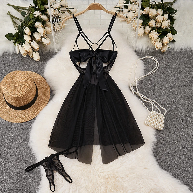 Mesh Strappy Irregular Dress Bow Hollow Backless Slim Fitting Dress Women's Transparent Sleeping Dress Split Lingerie Nightwear