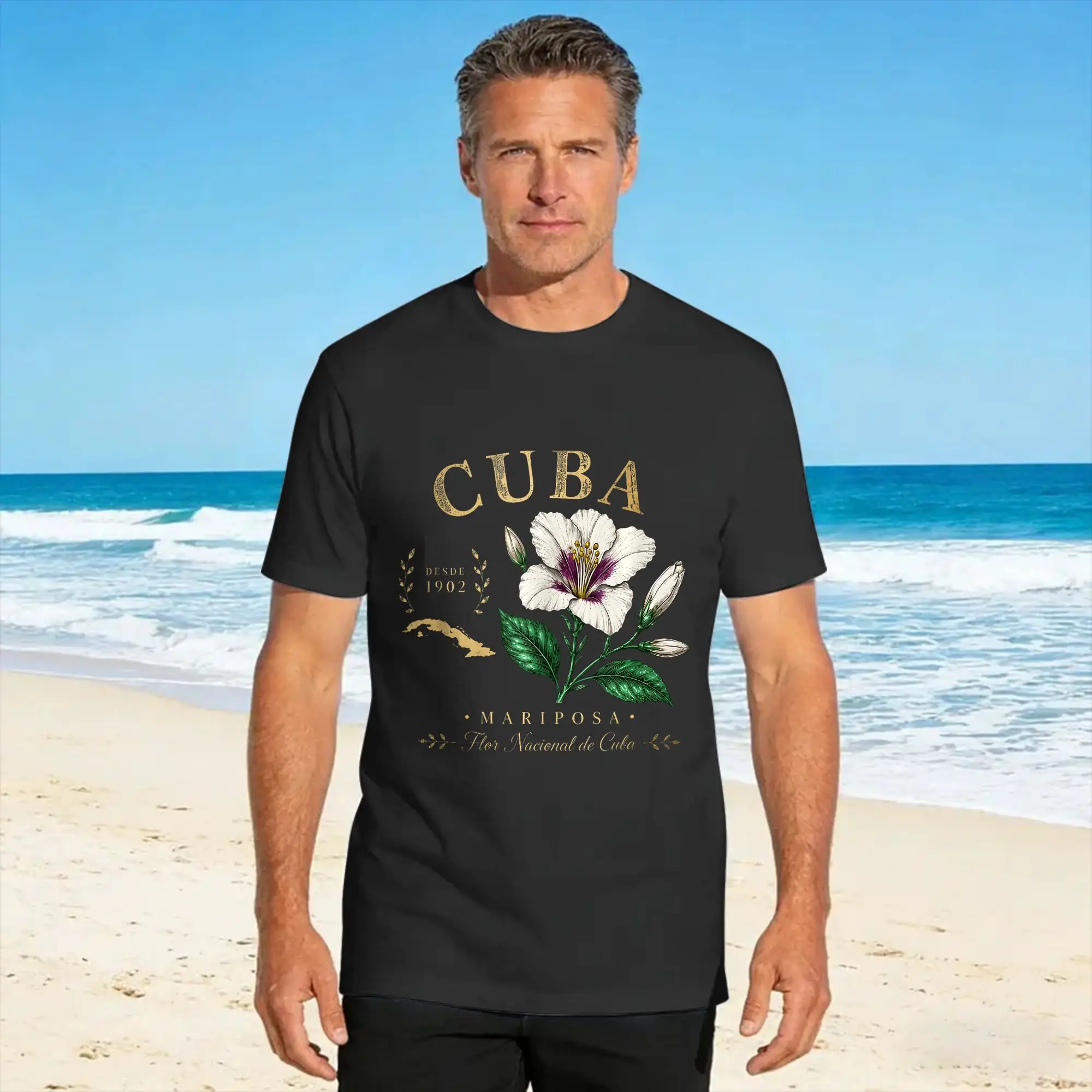 Cuba Mariposa Flower Vintage Botanical Since 1902 Art Cotton T Shirt For Adult Summer  Awesome T Shirts Breathable Novelty Tee