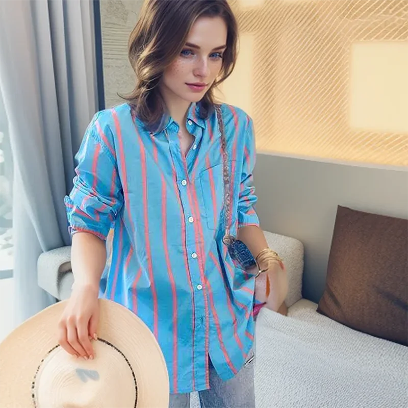 Turn Down Neck Casual Shirt And Blouses Striped Long Sleeve Loose Tops For Woman Female Clothing Preppy Stye All-match Younth