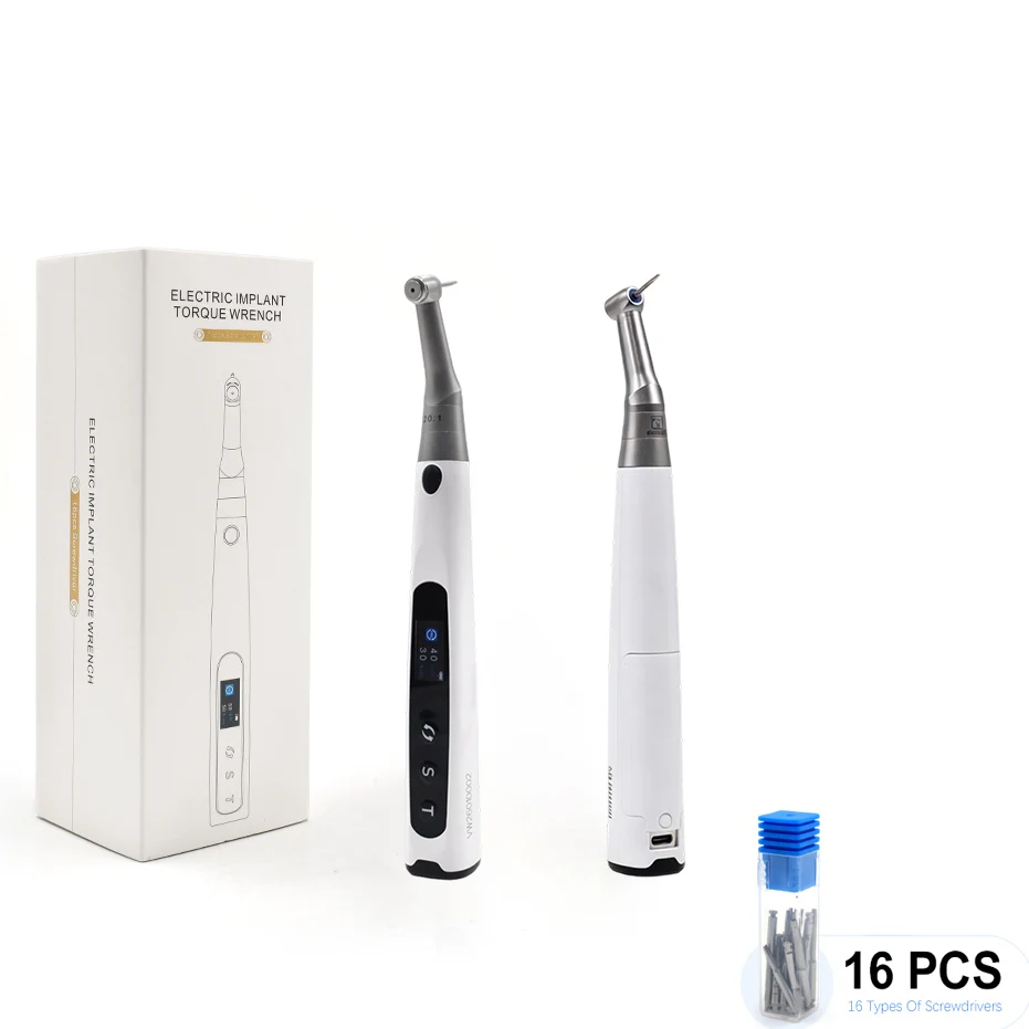 

Портативный электрический динамометрический ключ для дентальных имплантатов, максимальный крутящий момент 50 Н·см, скорость 10-50 об/мин, аккумулятор 3.7В/2000мАч, 16 отверток