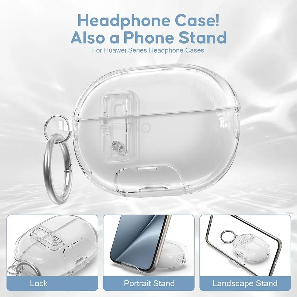 Clear Case For Huawei FreeBuds Pro 5 With Phone Stand Luxury Transparent TPU + PC Shockproof Protective Cover Secure Lock - view 4
