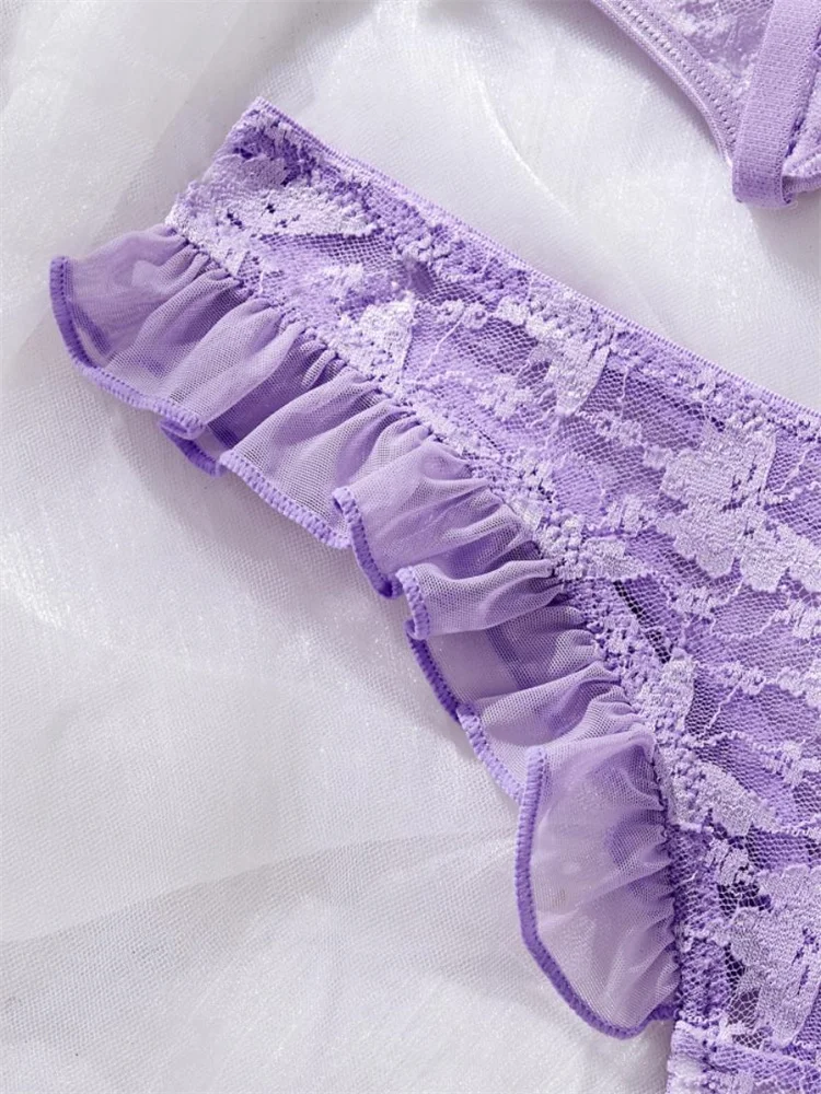 Fairy Sexy Lingerie Floral Lace Transparent Bra Set Purple Romantic Lingerie Garter Ruffles Underwear Beautiful Bandage Lingerie