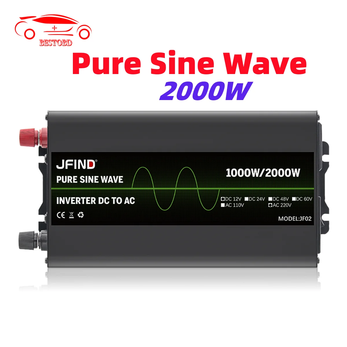 Jfind Pure Sine Wave Inverter 2000W Peak Power DC 12V To AC 220V Voltage Converter With LCD Display Universal Dual Plug For Car