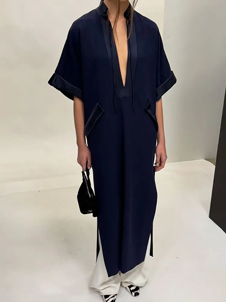 

High-end V-neck strap long-sleeved pullover for women, relaxed style loose short-sleeved knee-length dress with slit opening
