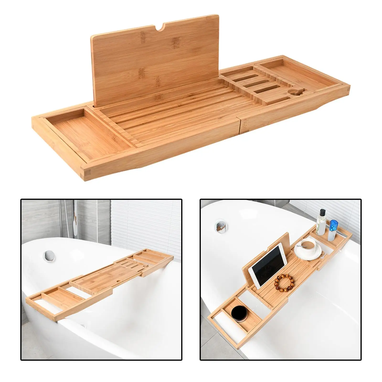 

Bathtub Tray Bath Caddy Tray for Tub with Slots Holds Book,Phone ,Soap 23.62''-34.25'' Bath Tray Bathtub Stand Holder