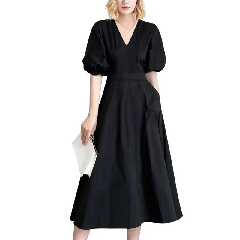 CommConsulSimple-Robe à col en V pour femme, enveloppée à la taille, manches bulles, style Hepburn, document monochrome, tendance de la mode estivale, nouveau, 2023