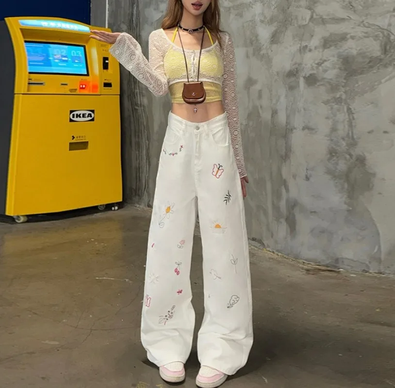 

Niche Embroidered High-Waisted White Vintage Denim Wide-Leg Pants New High-Waisted Design Versatile Trendy Brand Jeans for Women