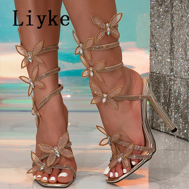 Liyke Crystal Rhinestone Butterfly Open Toe Woman Sandals Design Sexy Thin High Heels Party Prom Shoes Fashion Ankle Strap Pumps