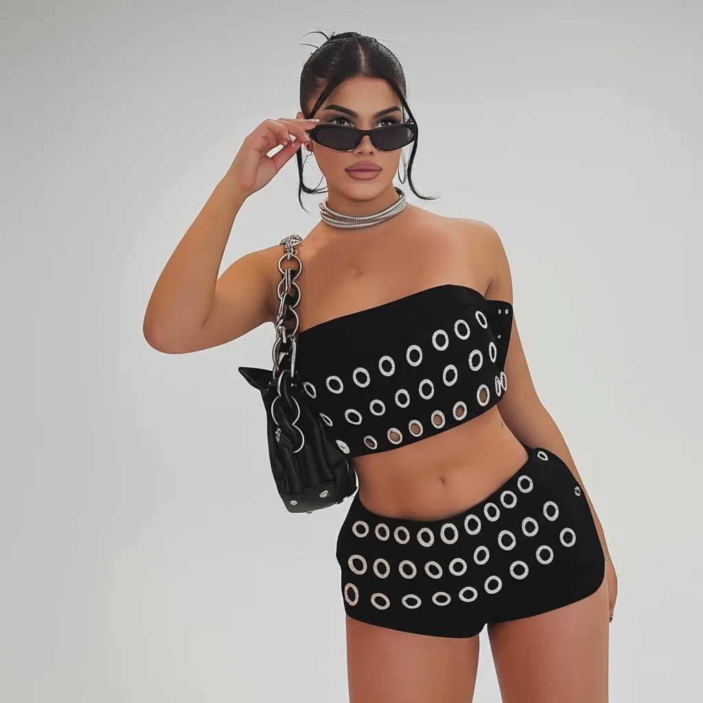 

BKLD Fashion Punk Suits Women Clothing Gothic Style Chicken Eye Hollow Out Strapless Crop Tops And Shorts Two Piece Set Outfits