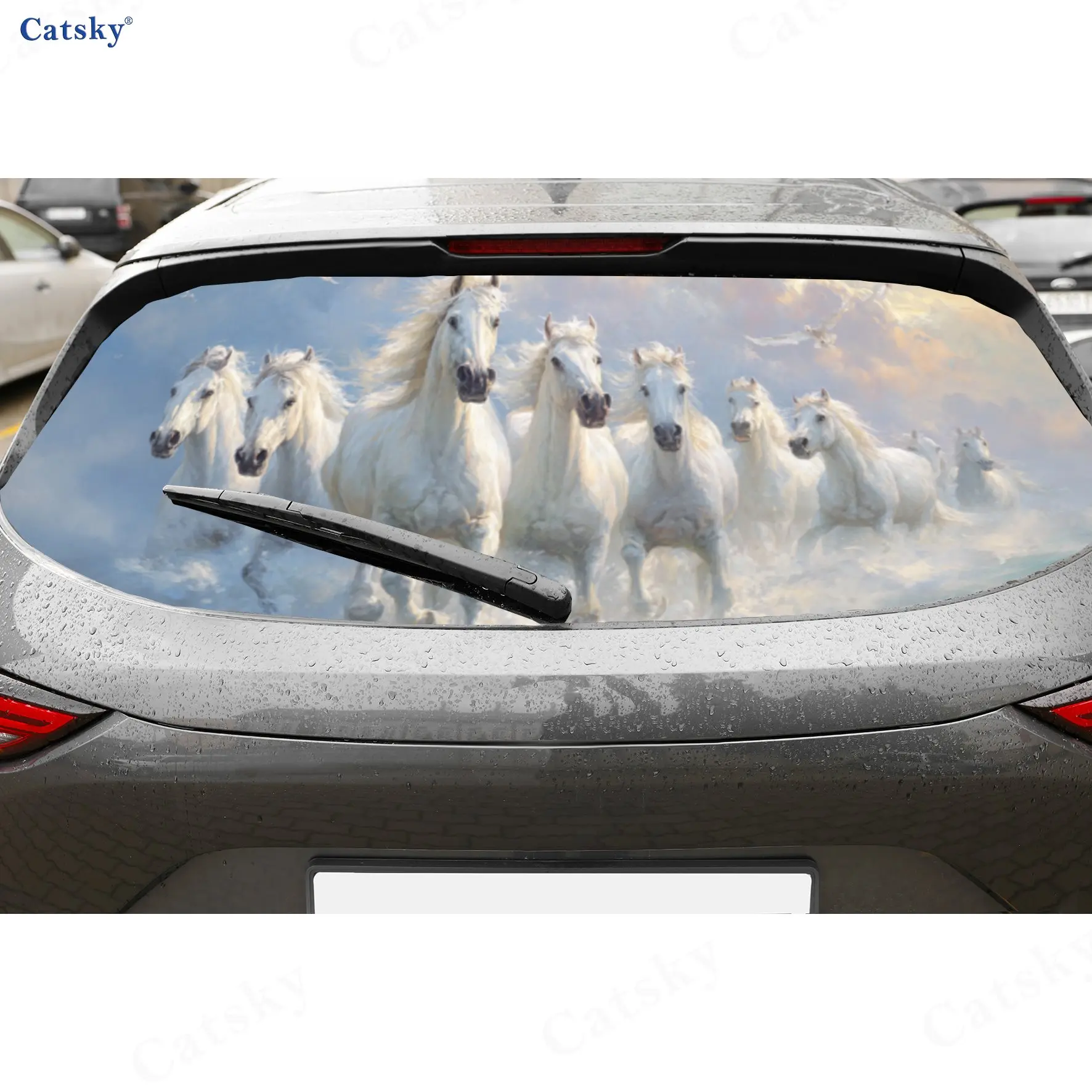 

Galloping White Horses Sky Charm ПВХ перфорированные автомобильные виниловые обертывания, прочная наклейка на заднее лобовое стекло автомобиля, водонепроницаемое заднее окно автомобиля