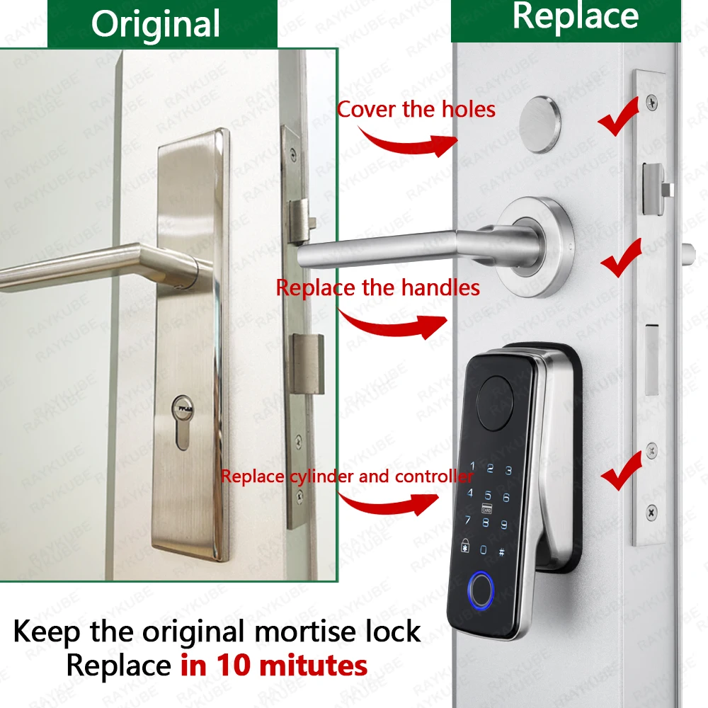 Imagem -03 - Raykube n1 tt Lock Automático Inteligente Conjunto de Bloqueio de Impressão Digital com Alça Sensor de Porta App Desbloqueio Remoto Fácil Instalação sem Perfuração sem Fiação