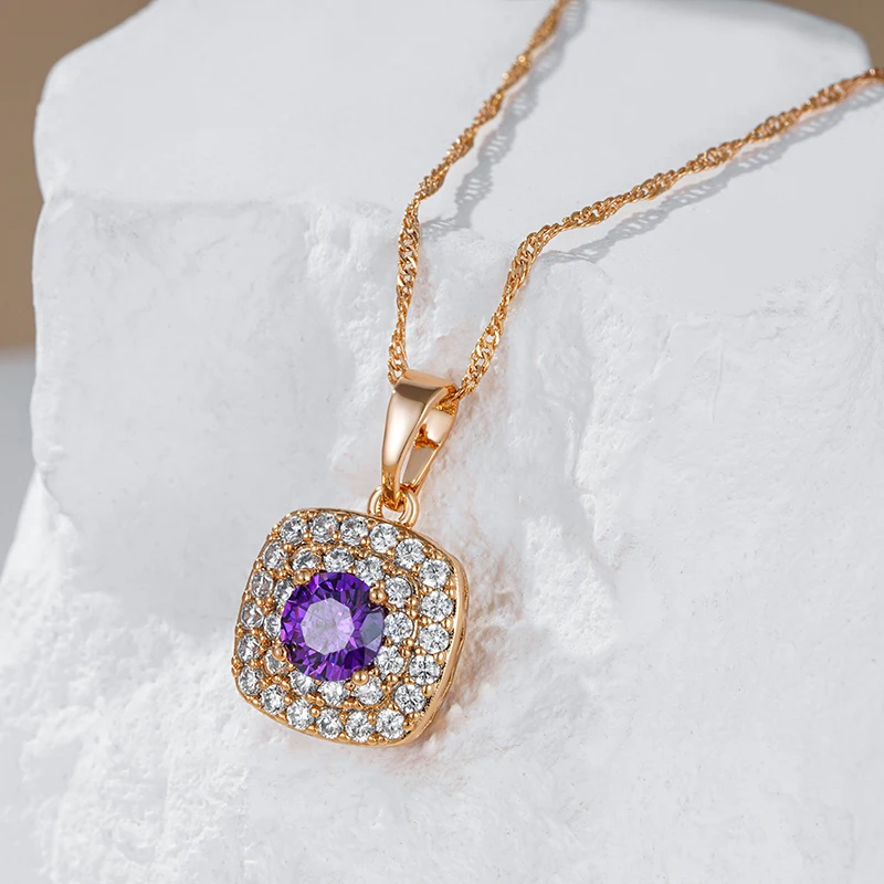 Kinel-Collier pendentif carré pour femme, bijoux vintage, or rose 585, document, cristal, violet brillant, naturel, chaud