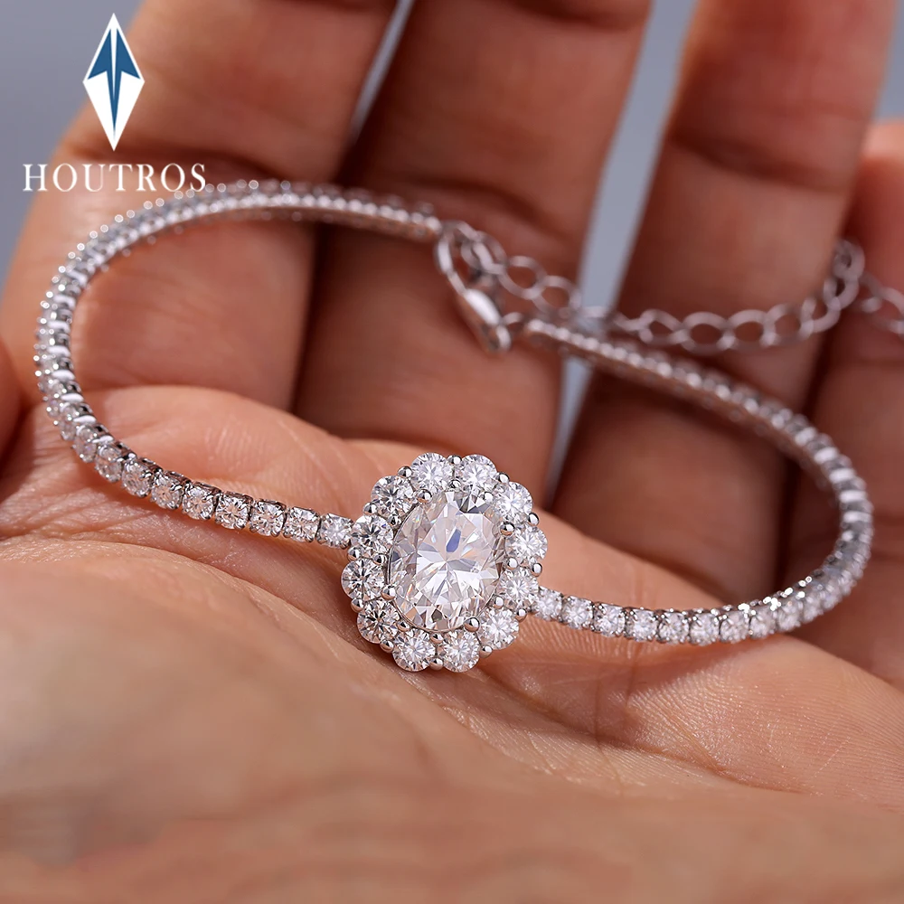 Oval Cut Halo Full Moissanite Diamond Bracelet for Women 925 Sterling Silver Adjustable Bridal Bracelet Wedding Party Jewelry