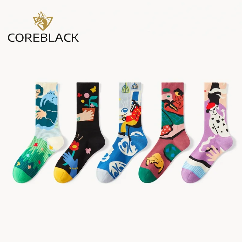 

COREBLACK 5 Pairs Set Cartoon Mid Tube Socks Colorful Design Socks Combed Cotton Breathable Comfortable Four Seasons Socks