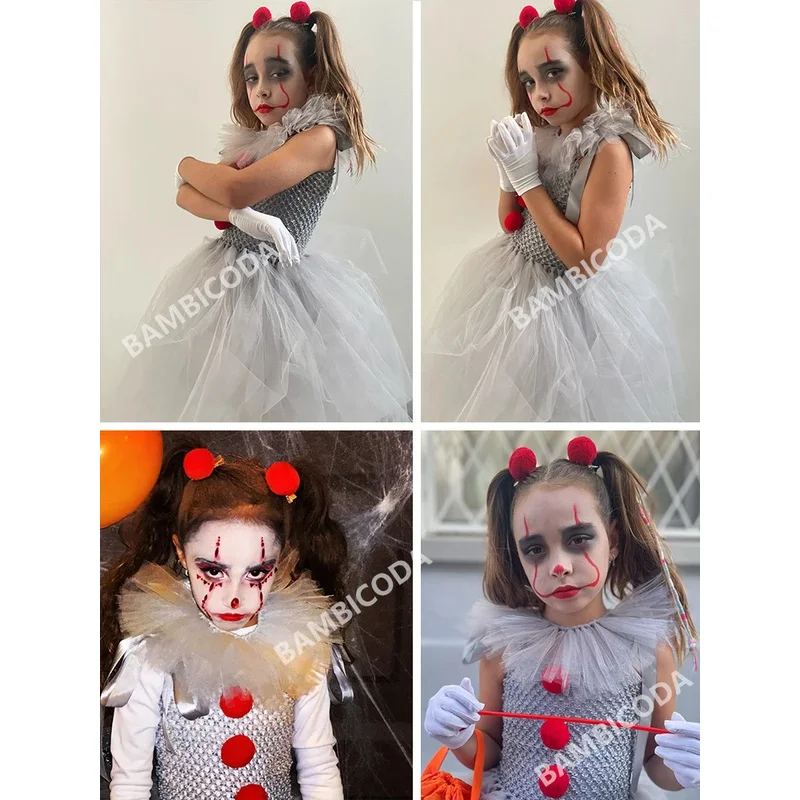 RT01 Fancy Gray Joker Dress Pennywise Tutu Dress Creepy Clown Kids Carnival Party Cosplay Clothing Children Halloween Girls &Gf1